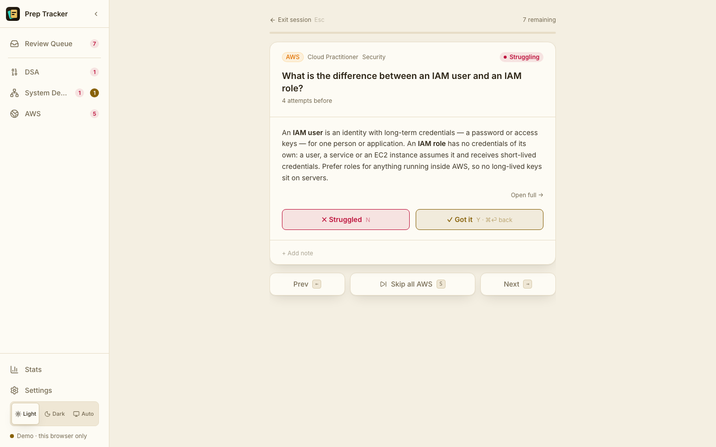 A review session: a System Design question with its answer revealed and Got it / Struggled buttons